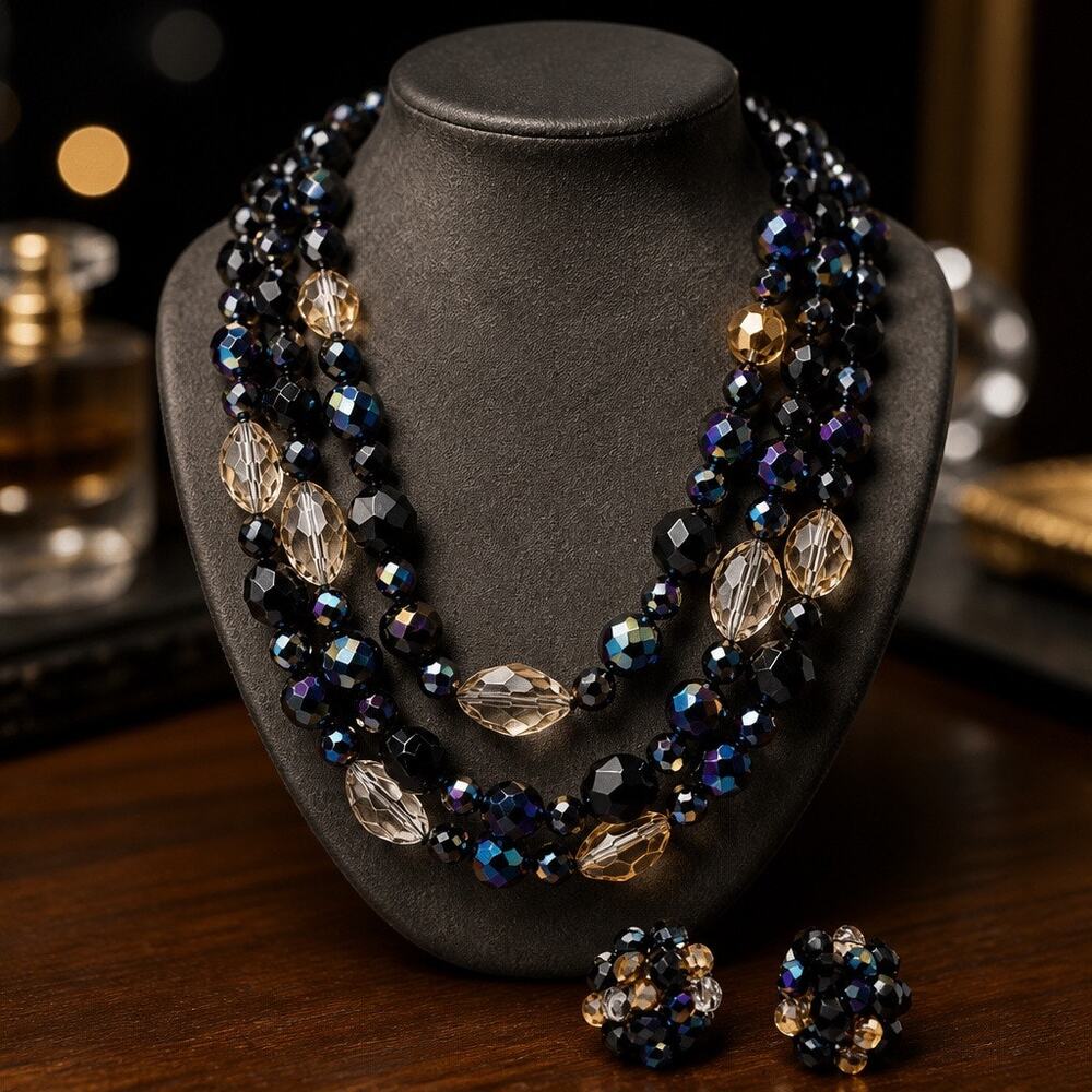 Rare Estate Find • Mid-Century VOGUE Smoky Topaz AB Crystal Necklace ONLY